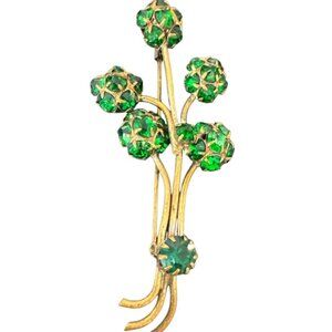 Antique pre-WWII Czech Brooch Sparkly Green Emerald Crystal Brass trombone clasp